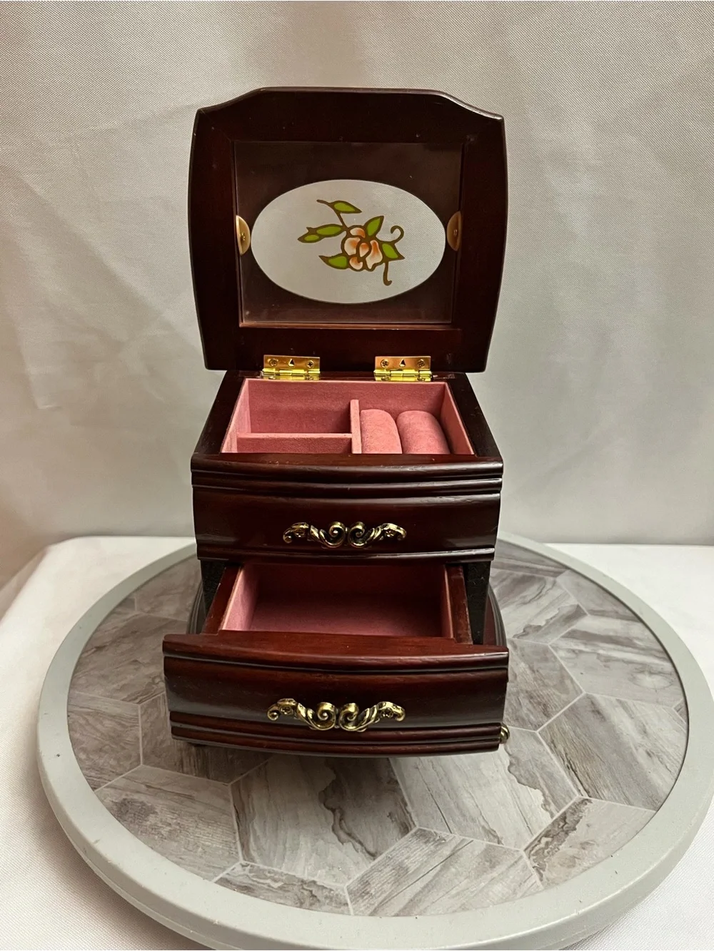 Vintage Style Wooden Jewelry Box 2 Drawer Floral Glass Top Brass Tone Feet